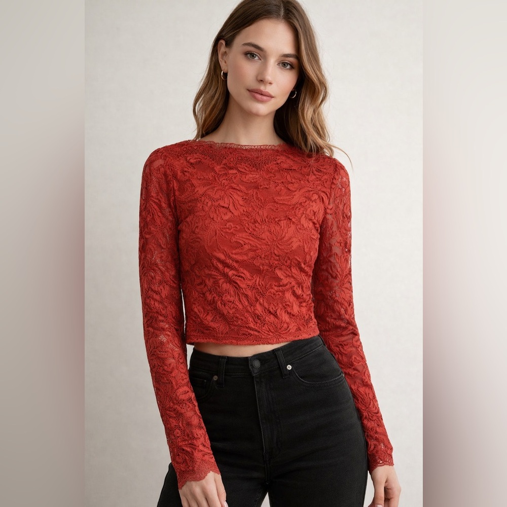 Commense Women's Long-Sleeve Lace Top Rust Red Size Large